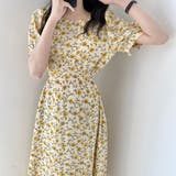 イエロー | スクエアネック 花柄 パスリーブ 半袖ワンピース | ＆soiree