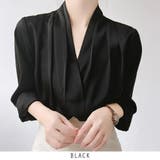 ブラック | Vネック エレガント オフィスブラウス | RAKUku