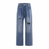 ブルー | ハイウエスト ダメージデニムパンツ | RAKUku