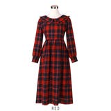 レッド | ビッグ襟 チェック柄 レースアップドレス | RAKUku