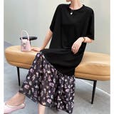 ブラック | 春夏 半袖 ワンピース ロング丈 シンプル 無地 花柄 韓国ファッション | RAKUku