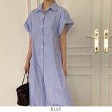 ブルー | ストライプ シャーツワンピース 韓国ファッション | RAKUku