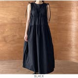 ブラック | 片リボンギャザーノースリーブワンピース | RAKUku