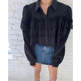 ブラック | 3collor パワーショルダー フリルレースブラウス 長袖シャツ 無地 長袖 | RAKUku