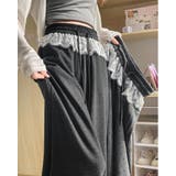 ブラック | レース付き ワイドパンツ レーディス ウエストゴム 春夏 韓国ファッション | RAKUku