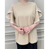 ベージュ | 配色フレアスリーブTシャツ コットン生地 パイピングプルオーバー | RAKUku
