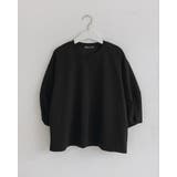 ブラック | ステッチパフスリーブラウンドトップス ７分袖 オフィス | RAKUku