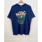 ネイビー | 【3color】 フラワーアートプリント ゆるシルエット半袖Tシャツ | RAKUku