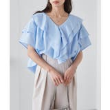 ブルー | ビッグカラーフリルハーフスリーブブラウス | RANAN