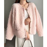 ピンク | ゴールド調ボタンループ編みニットジャケット | RANAN