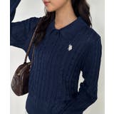 ネイビー | <U.S.P>刺繍長袖ケーブルポロニット | RANAN