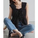 ブラック | フロントリボンギャザーノースリブラウス | RANAN