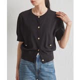 ブラック | ゴールド調ボタン5分袖ニットカーディガン | RANAN