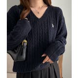 ネイビー | <U.S.POLOASSN.>ワンポイントケーブルVニット | RANAN
