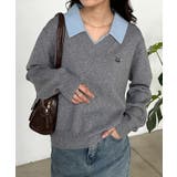 グレー/ブルー | 刺繍入りレイヤード襟ニット | RANAN