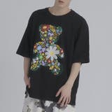 ブラック | フラワーベア 半袖 Tシャツ プリント ストリート系 ビッグシルエット | REGIEVO