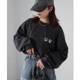 チャコールグレー | ネコ刺繍ラグランオーバーサイズ薄手スウェット | Riberry