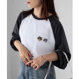 チャコールグレー×オフ | ネコ刺繍ラグランロンT | Riberry