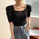 ブラック | パワーショルダーリブトップス Tシャツ カットソー | Riff