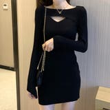 ブラック | 胸元のカッティングデザインがポイント ニットワンピース リブニット | Riff