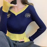 ビタミンカラーの配色が可愛い バイカラーVネックリブニット ショート丈 | Riff | 詳細画像12