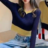ビタミンカラーの配色が可愛い バイカラーVネックリブニット ショート丈 | Riff | 詳細画像13