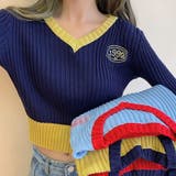 ビタミンカラーの配色が可愛い バイカラーVネックリブニット ショート丈 | Riff | 詳細画像14