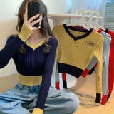 ビタミンカラーの配色が可愛い バイカラーVネックリブニット ショート丈 | Riff | 詳細画像2