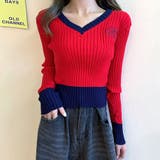 ビタミンカラーの配色が可愛い バイカラーVネックリブニット ショート丈 | Riff | 詳細画像6