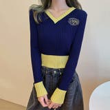 ネイビー | ビタミンカラーの配色が可愛い バイカラーVネックリブニット ショート丈 | Riff