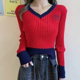 レッド | ビタミンカラーの配色が可愛い バイカラーVネックリブニット ショート丈 | Riff