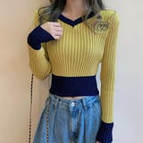 イエロー | ビタミンカラーの配色が可愛い バイカラーVネックリブニット ショート丈 | Riff