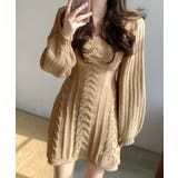 モカ | ケーブルニットミニワンピース ケーブル編み Vネック | Riff