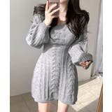グレー | ケーブルニットミニワンピース ケーブル編み Vネック | Riff
