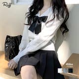 リボン付きVネックカーディガン ニットカーディガン パフスリーブ | Riff | 詳細画像1 