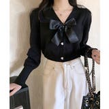 リボン付きVネックカーディガン ニットカーディガン パフスリーブ | Riff | 詳細画像2 