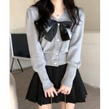 グレー | リボン付きVネックカーディガン ニットカーディガン パフスリーブ | Riff