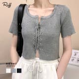 レースアップ半袖リブニット クロップド丈 リブ編み | Riff | 詳細画像1