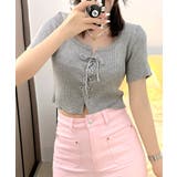 レースアップ半袖リブニット クロップド丈 リブ編み | Riff | 詳細画像12