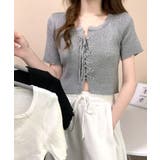 レースアップ半袖リブニット クロップド丈 リブ編み | Riff | 詳細画像14