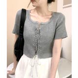 レースアップ半袖リブニット クロップド丈 リブ編み | Riff | 詳細画像15