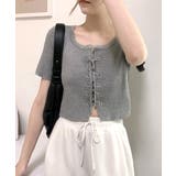 レースアップ半袖リブニット クロップド丈 リブ編み | Riff | 詳細画像16