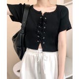 レースアップ半袖リブニット クロップド丈 リブ編み | Riff | 詳細画像22