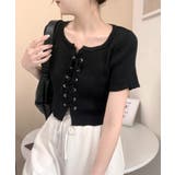 レースアップ半袖リブニット クロップド丈 リブ編み | Riff | 詳細画像25