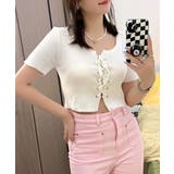 レースアップ半袖リブニット クロップド丈 リブ編み | Riff | 詳細画像3