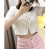 レースアップ半袖リブニット クロップド丈 リブ編み | Riff | 詳細画像4