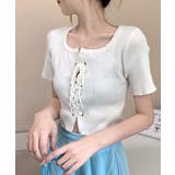 レースアップ半袖リブニット クロップド丈 リブ編み | Riff | 詳細画像8