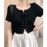 ブラック | レースアップ半袖リブニット クロップド丈 リブ編み | Riff