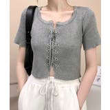 グレー | レースアップ半袖リブニット クロップド丈 リブ編み | Riff