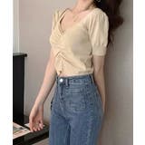 シャーリング半袖サマーニット ハートネック パフスリーブ | Riff | 詳細画像2